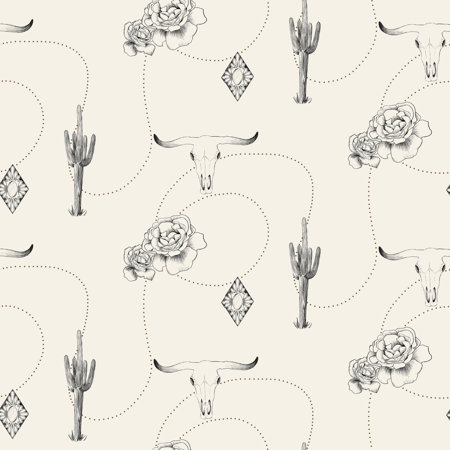 Cowgirl rose, desert, bull skull & cactus print on white background easy to install and remove peel and stick custom wallpaper available in different lengths/sizes locally created and printed in Canada Artichoke wallpaper. Washable, durable, commercial grade, removable and waterproof.
